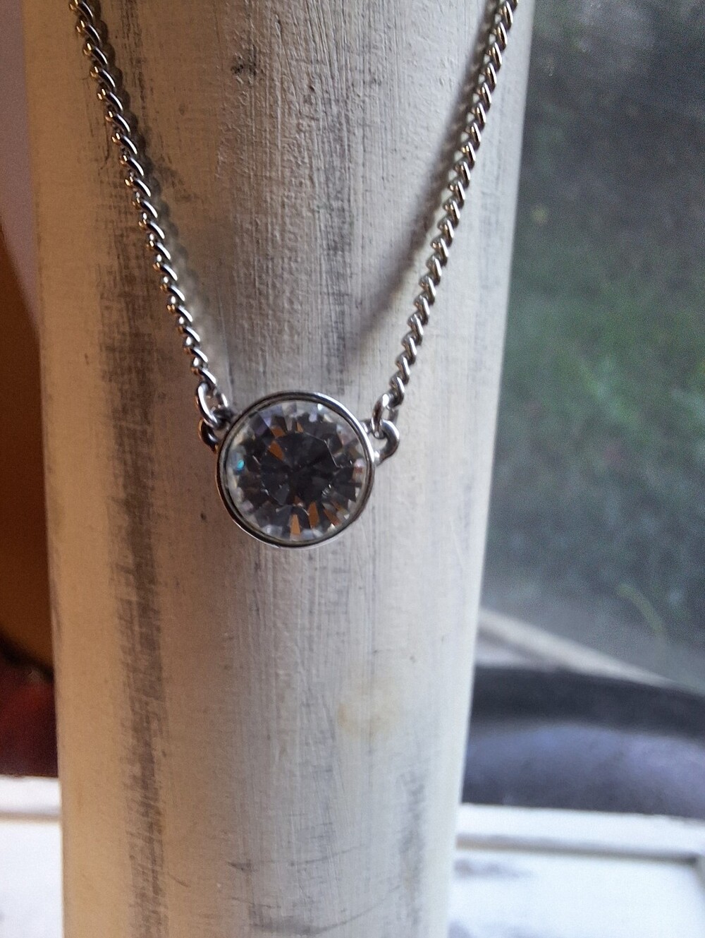 Givenchy Round Crystal Pendant Necklace on Silver Toned Chain 7 inch drop Signed